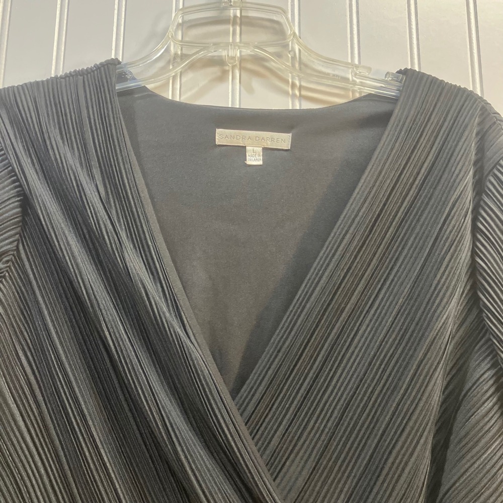 Sandra Darren Womens Black Pleated Wrap Mini Dress Long Balloon Sleeve Size L - Picture 5 of 10